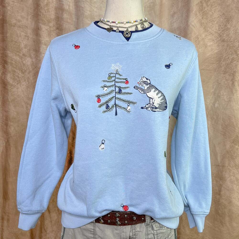Vintage Cat Christmas Tree Sweater Blue Crewneck Sweatshirt Holiday Kitten 90s
